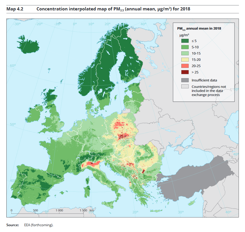 Stężenie PM2,5 - Raport EEA 21/2019 “Healthy environment, healthy lives: how the environment influences health and well-being in Europe”